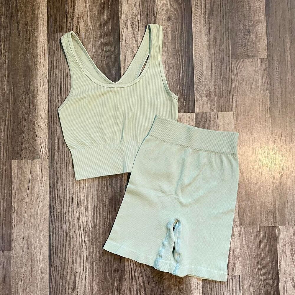 Women's Green Ribbed Shorts and Top Set - Size Small